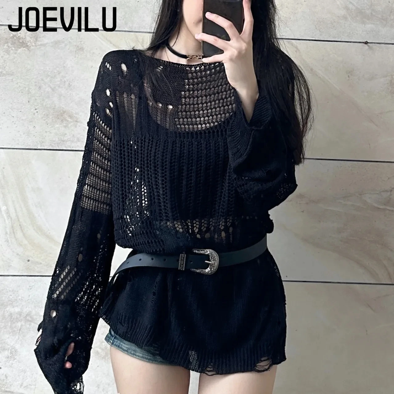 JOEVILU Hollow Knit Blouse Sum - Summer Goth Clothing recension och pris
